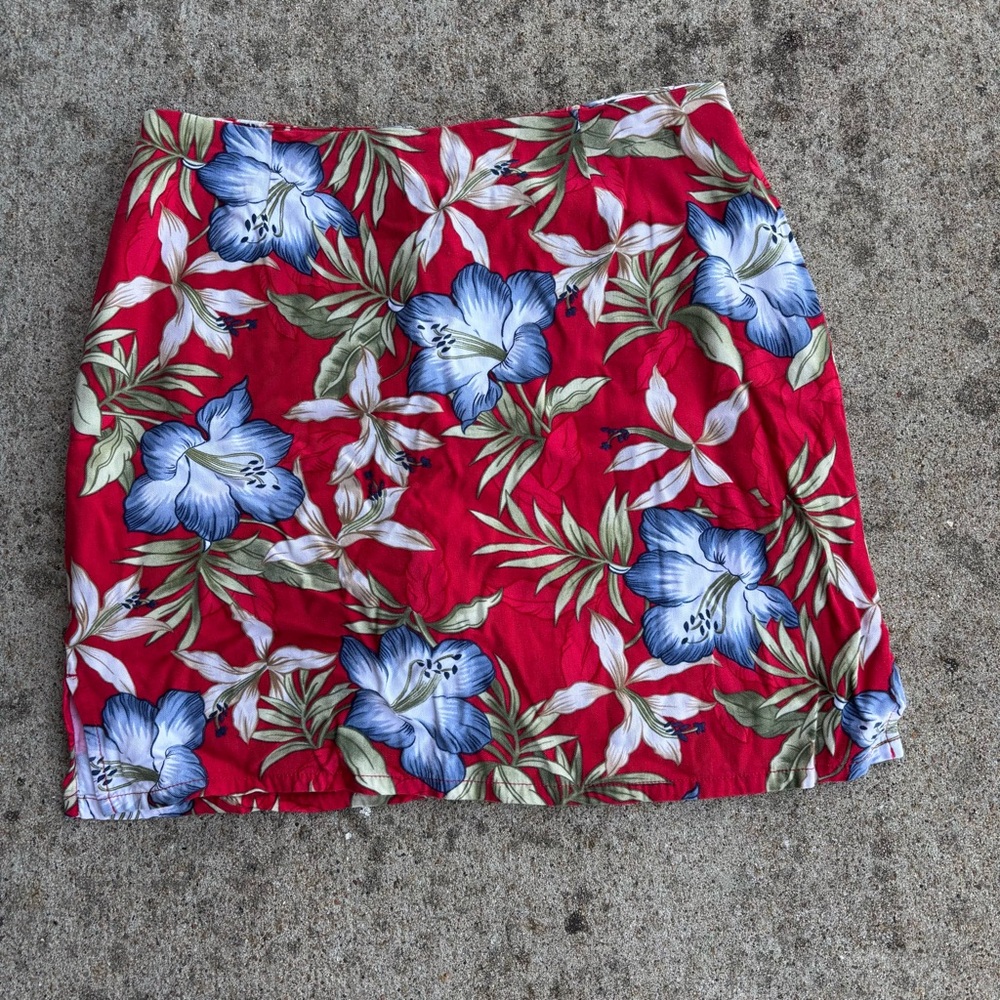 Sugar Reef Vibrant Red Mini Skirt with Blue and Green Floral Accents